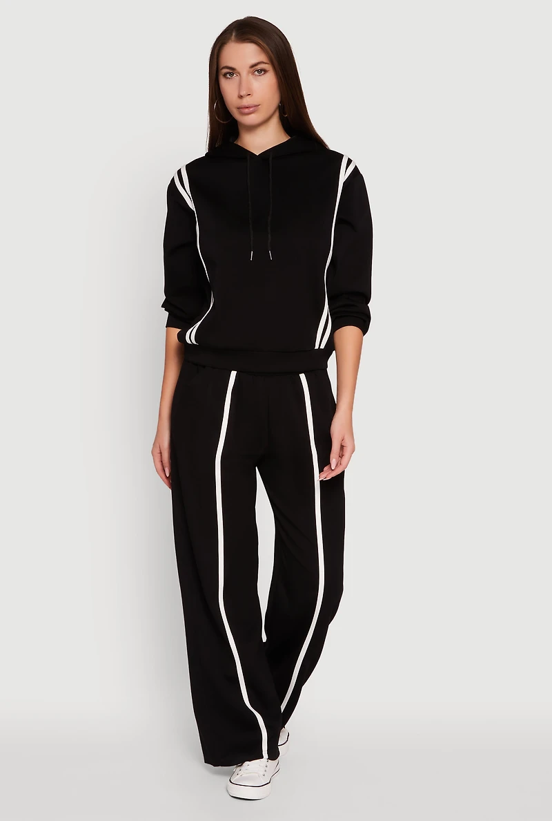 Womens Contrast Trim Mid Rise Wide Leg Sweatpants, Black,