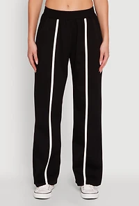 Womens Contrast Trim Mid Rise Wide Leg Sweatpants, Black,