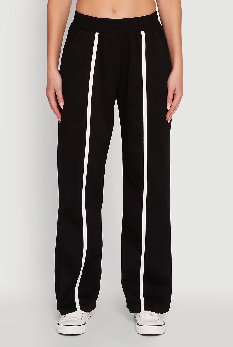 Womens Contrast Trim Mid Rise Wide Leg Sweatpants,