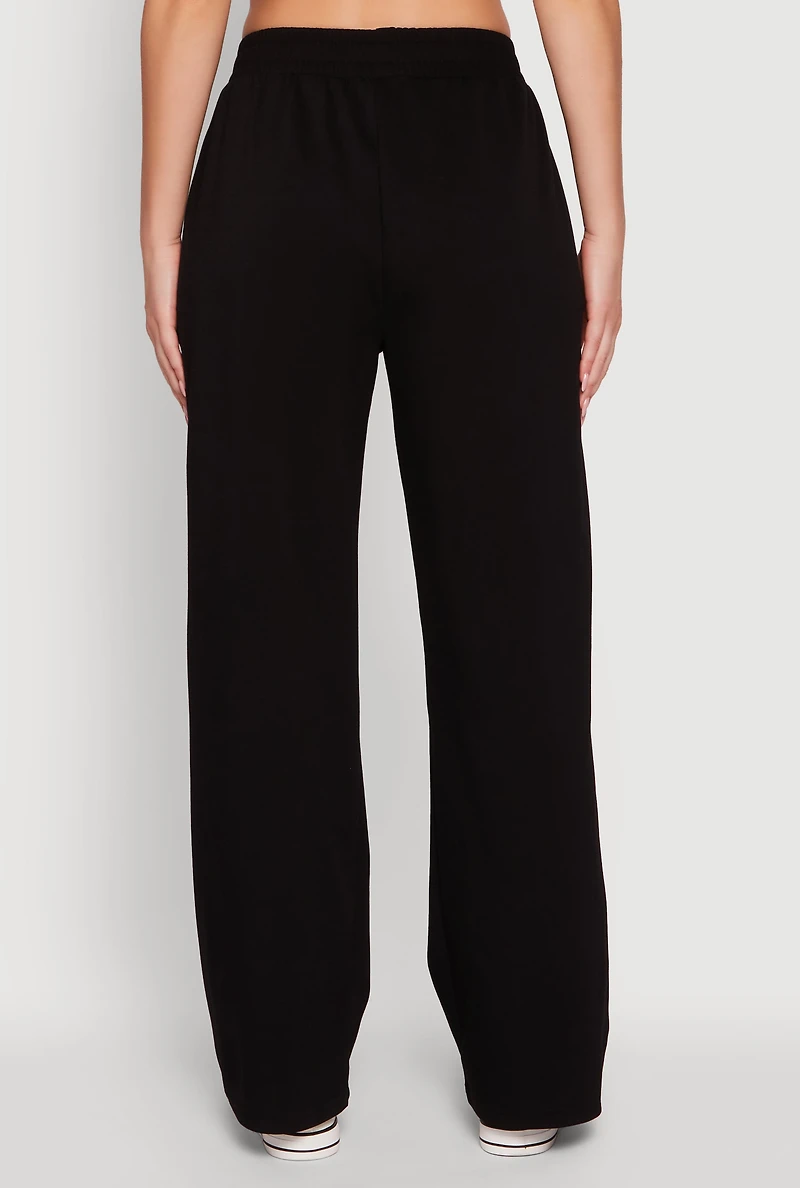Womens Contrast Trim Mid Rise Wide Leg Sweatpants, Black,