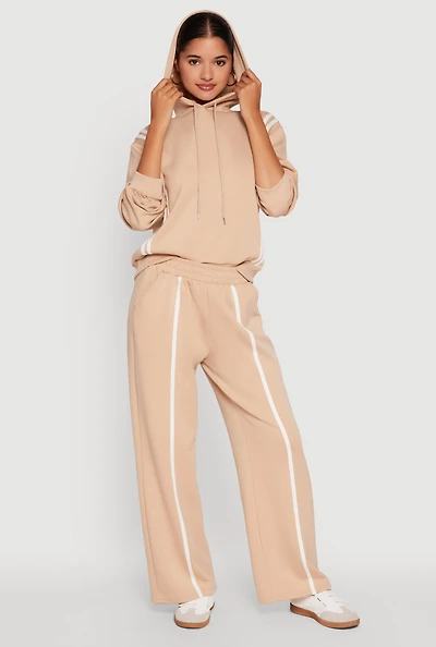 Womens Contrast Trim Mid Rise Wide Leg Sweatpants, Khaki, Size L