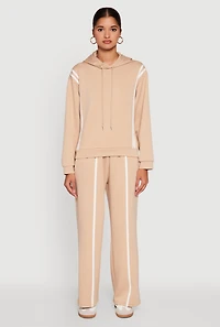 Womens Contrast Trim Mid Rise Wide Leg Sweatpants, Khaki, Size L