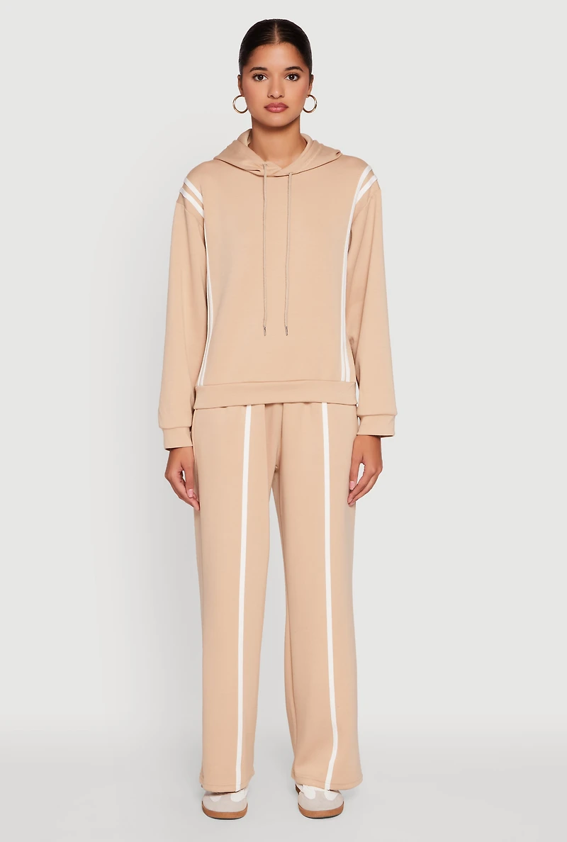 Womens Contrast Trim Mid Rise Wide Leg Sweatpants, Khaki,