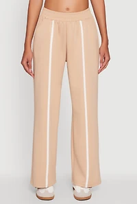Womens Contrast Trim Mid Rise Wide Leg Sweatpants, Khaki, Size L