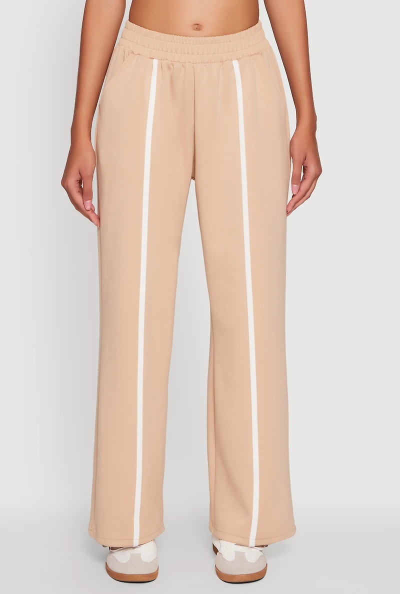 Womens Contrast Trim Mid Rise Wide Leg Sweatpants, Khaki,
