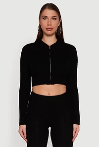 Cable Knit Cropped Zip Front Hoodie