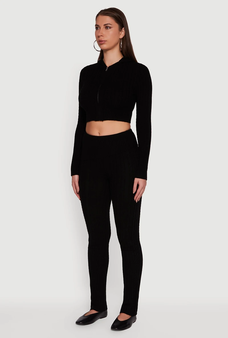 Womens Cable Knit Cropped Zip Front Hoodie,