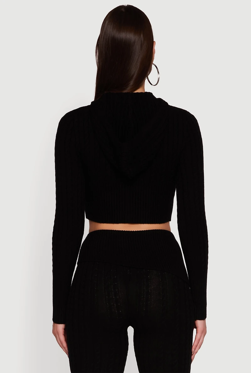 Cable Knit Cropped Zip Front Hoodie