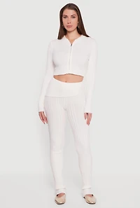 Womens Cable Knit Cropped Zip Front Hoodie, White, Size S