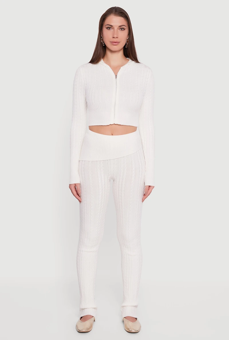 Womens Cable Knit Cropped Zip Front Hoodie, White, Size S