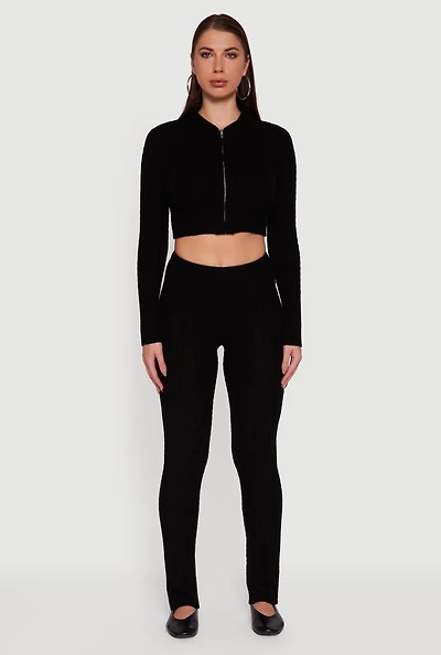 Womens Cable Knit Asymmetrical Fold Over Pants, Black, Size M