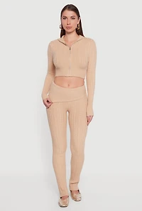 Womens Cable Knit Asymmetrical Fold Over Pants,