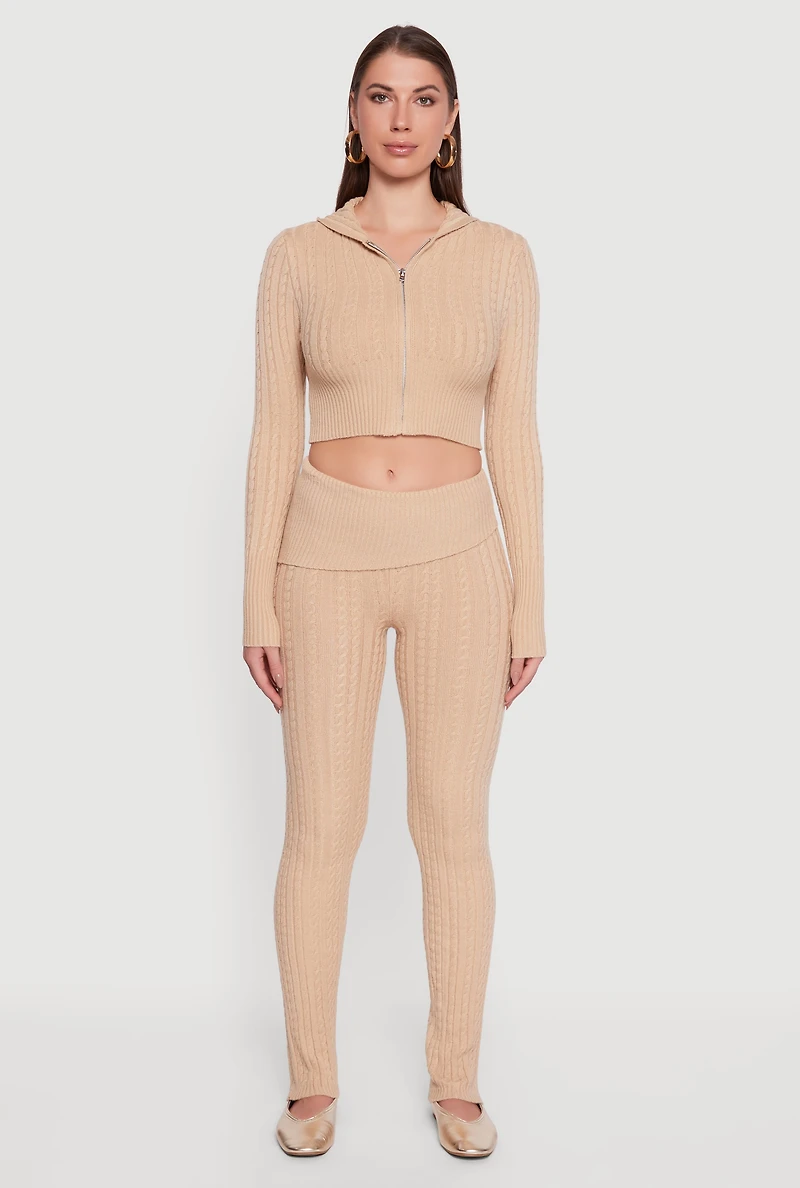 Womens Cable Knit Asymmetrical Fold Over Pants,