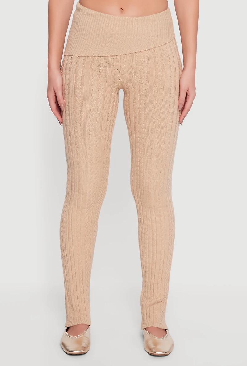 Womens Cable Knit Asymmetrical Fold Over Pants,