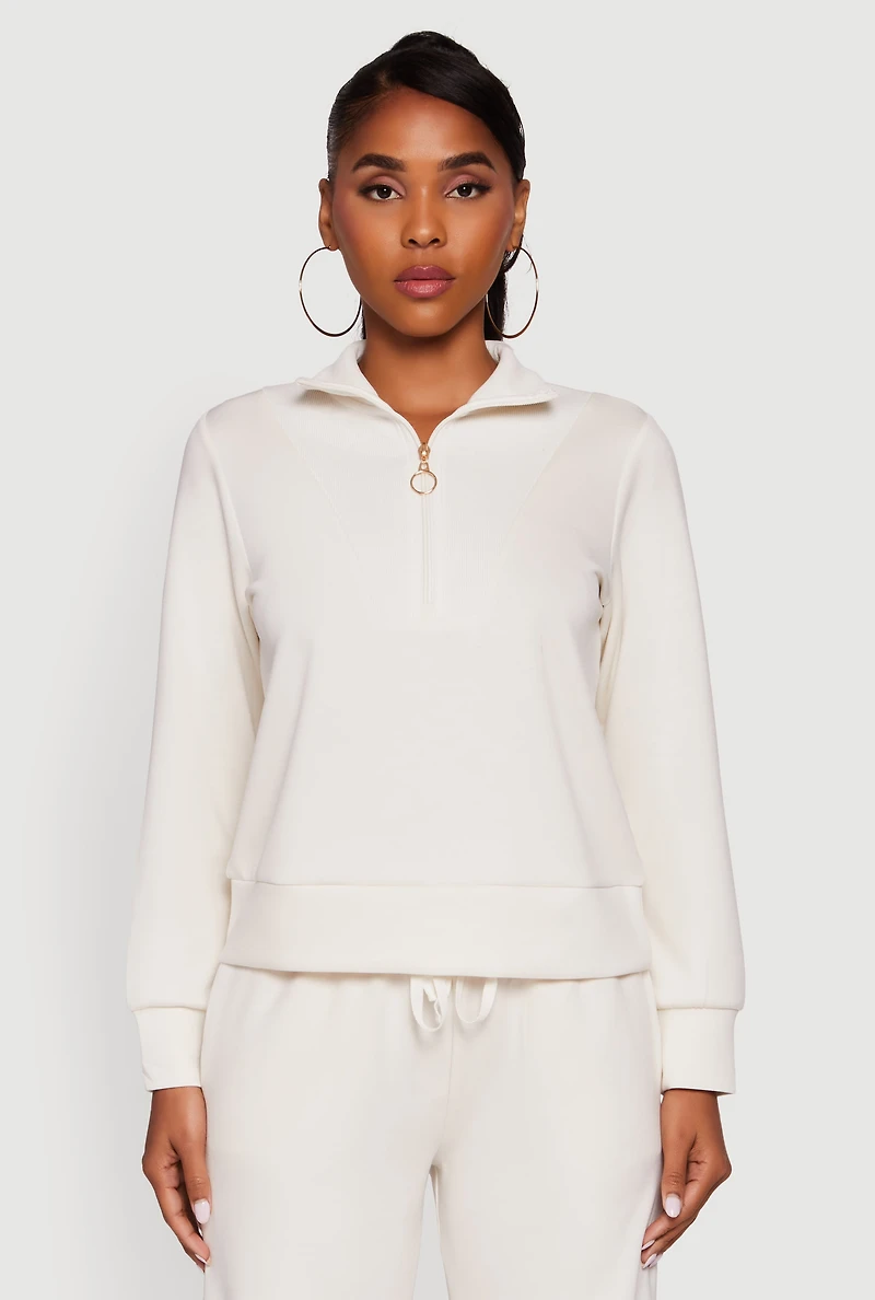 Womens Half Zip Pullover Sweatshirt, Beige, Size XL