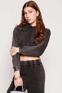 Acid Wash Elastic Hem Cropped Hoodie
