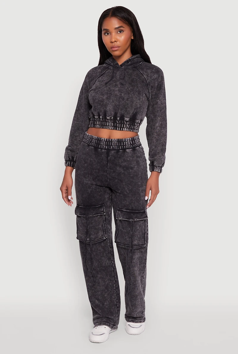 Womens Mineral Wash Elastic Waist Wide Leg Cargo Pants, Grey, Size S