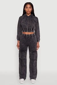 Womens Mineral Wash Elastic Waist Wide Leg Cargo Pants, Grey, Size XL