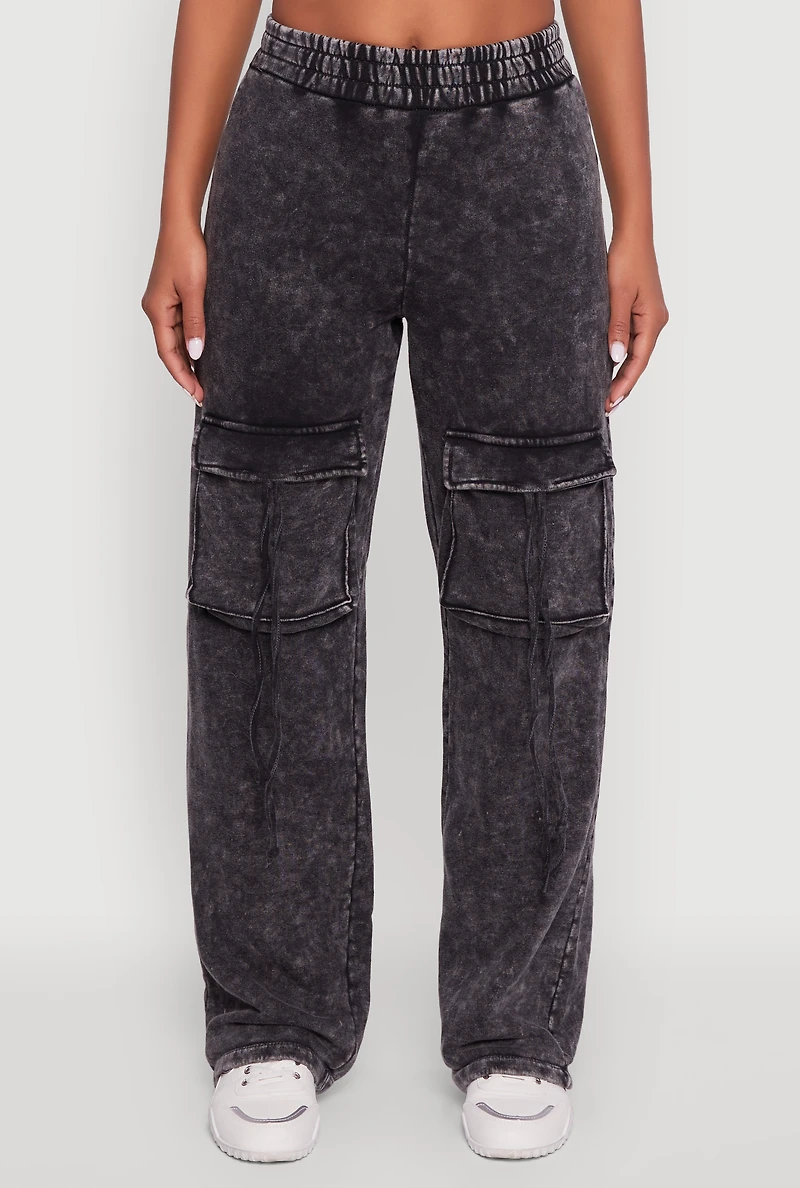 Womens Mineral Wash Elastic Waist Wide Leg Cargo Pants, Grey, Size S