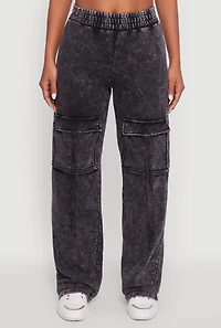 Womens Mineral Wash Elastic Waist Wide Leg Cargo Pants, Grey, Size S