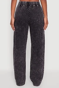 Womens Mineral Wash Elastic Waist Wide Leg Cargo Pants, Grey,