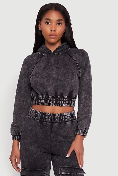 Womens Mineral Wash Cropped Pullover Hoodie, Grey, Size S