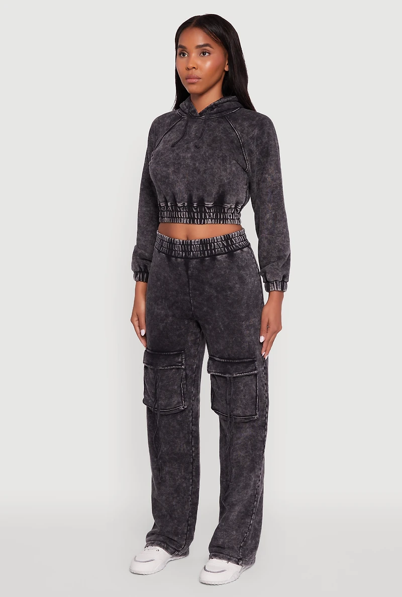 Womens Mineral Wash Cropped Pullover Hoodie, Grey, Size S