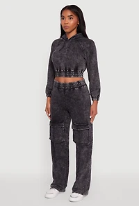 Womens Mineral Wash Cropped Pullover Hoodie, Grey, Size S