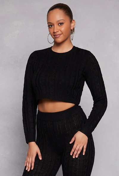 Womens Cable Knit Cropped Pullover Sweater, M