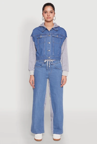 Womens Color Block Denim Fleece Pants, Blue, Size M