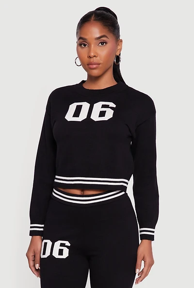 Womens 06 Graphic Varsity Stripe Long Sleeve Crew Neck Sweater,