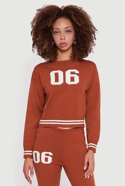 Womens 06 Graphic Varsity Stripe Long Sleeve Crew Neck Sweater,