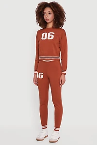 Womens 06 Graphic Varsity Stripe Long Sleeve Crew Neck Sweater,