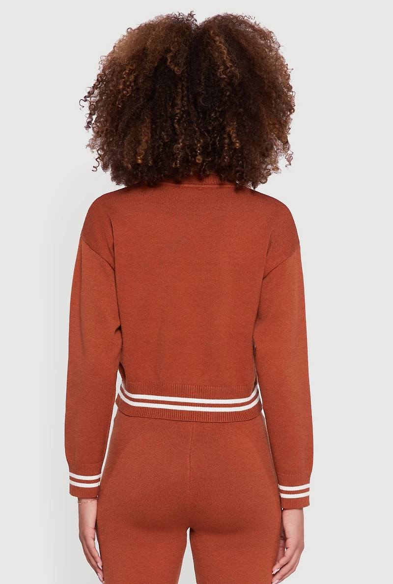 Womens 06 Graphic Varsity Stripe Long Sleeve Crew Neck Sweater,