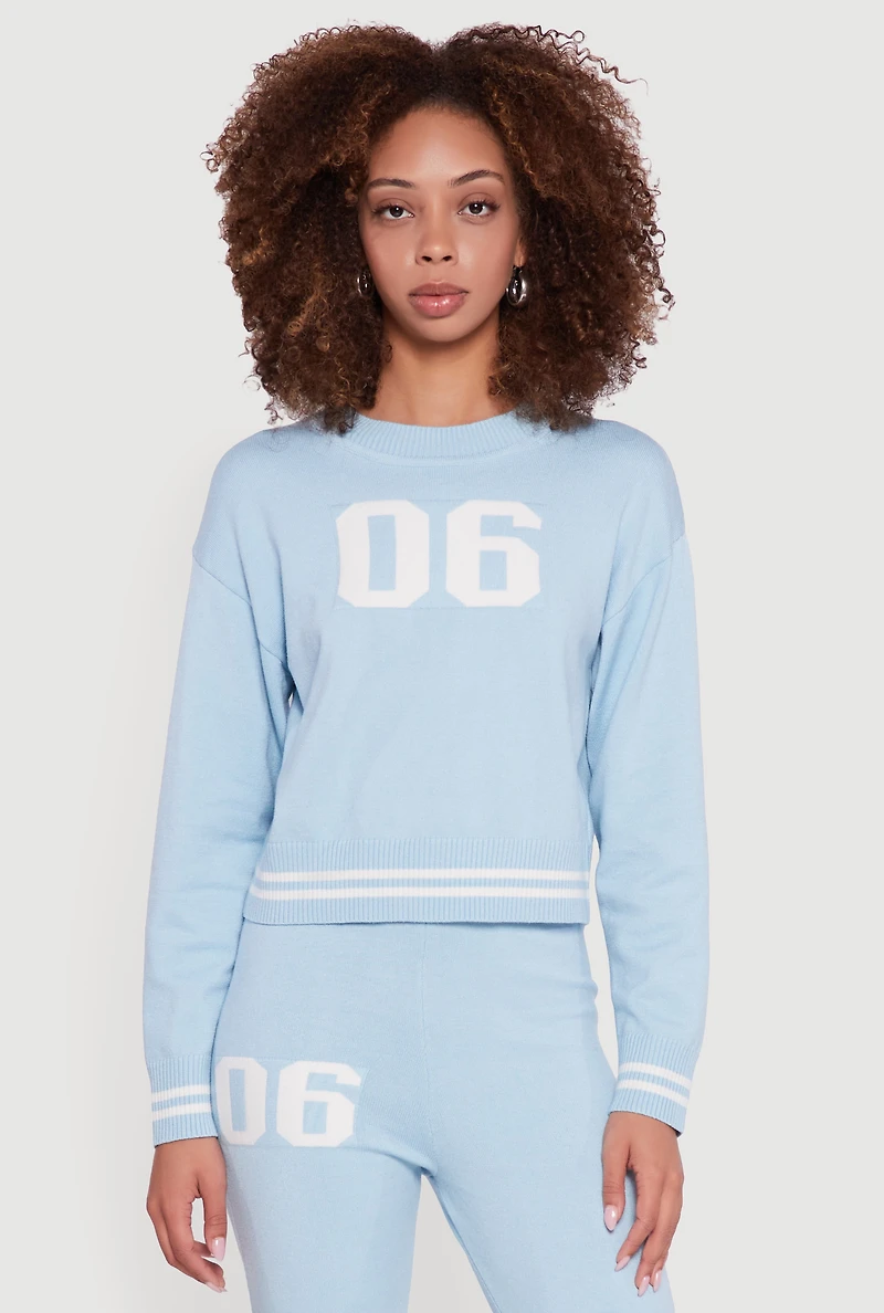 Womens 06 Graphic Varsity Stripe Long Sleeve Crew Neck Sweater,