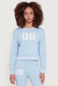 Womens 06 Graphic Varsity Stripe Long Sleeve Crew Neck Sweater,