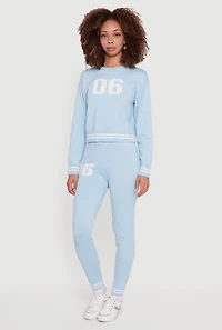 Womens 06 Graphic Varsity Stripe Long Sleeve Crew Neck Sweater,