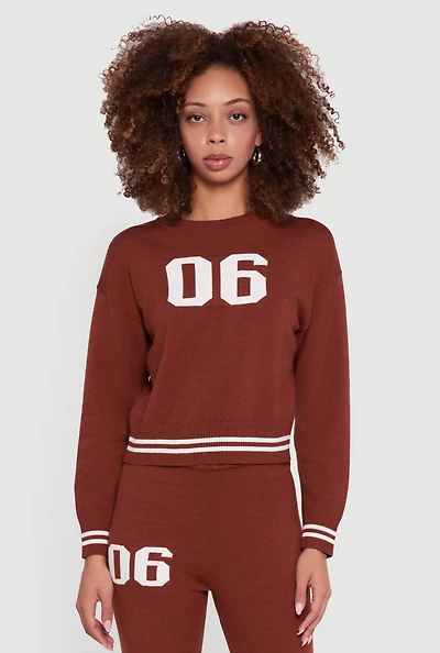 Womens 06 Graphic Varsity Stripe Long Sleeve Crew Neck Sweater,