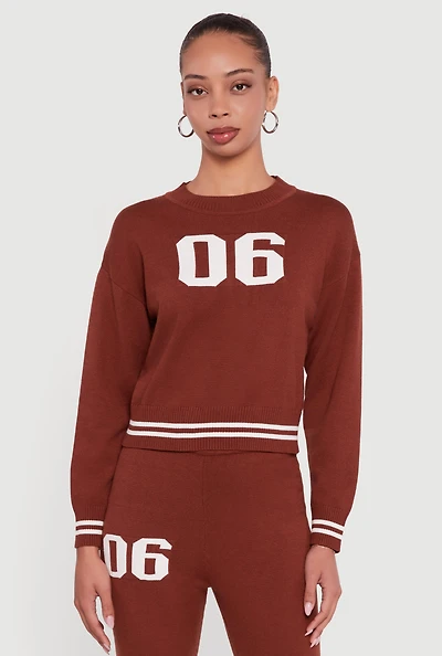 06 Graphic Varsity Stripe Long Sleeve Crew Neck Sweater