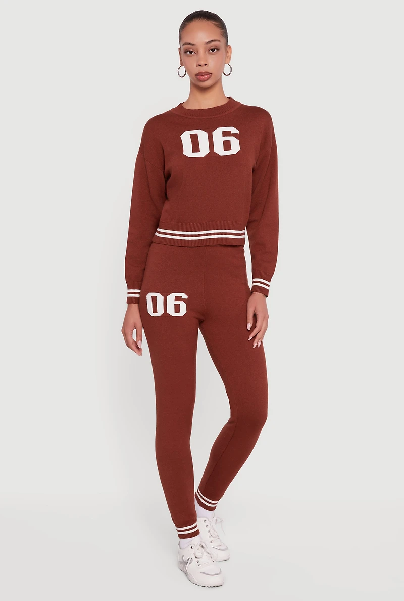 06 Graphic Varsity Stripe Long Sleeve Crew Neck Sweater