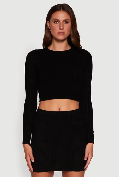 Womens Long Sleeve Cable Knit Cropped Sweater,