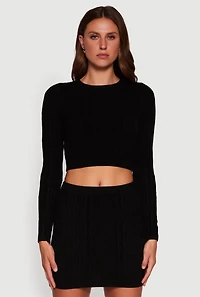 Womens Long Sleeve Cable Knit Cropped Sweater, Black, Size M