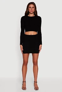 Womens Long Sleeve Cable Knit Cropped Sweater, Black,
