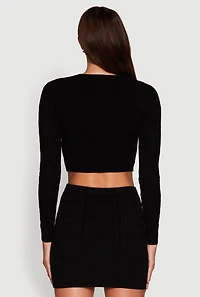 Womens Long Sleeve Cable Knit Cropped Sweater, Black,