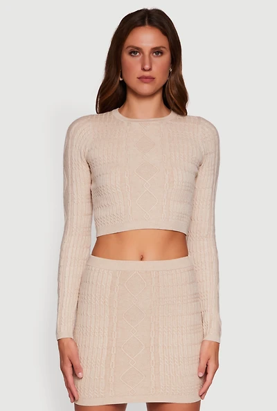 Womens Long Sleeve Cable Knit Cropped Sweater, Beige, Size S