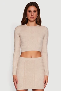 Womens Long Sleeve Cable Knit Cropped Sweater, Beige, Size S