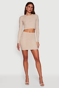 Womens Long Sleeve Cable Knit Cropped Sweater, Beige, Size S