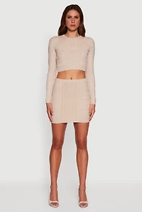 Womens Long Sleeve Cable Knit Cropped Sweater, Beige, Size S