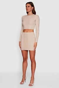Womens Long Sleeve Cable Knit Cropped Sweater, Beige, Size S