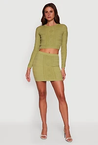 Womens Long Sleeve Cable Knit Cropped Sweater, Green, Size L